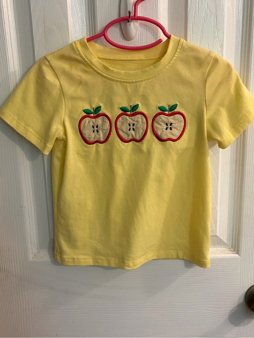 Boy's or Girl's Bright Yellow Short Sleeve Tee Shirt with Apple Half Appliqué